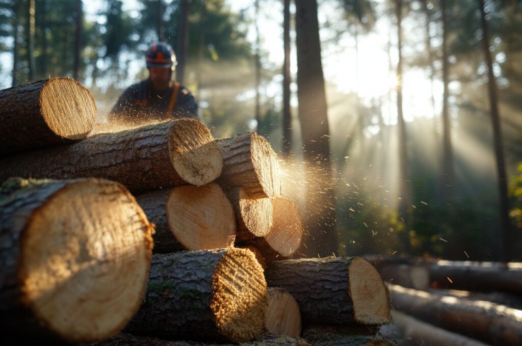 Nachhaltige Holzerntemethoden in sonnenbeschienenen Wäldern zum Schutz der Umwelt in der Forstwirtschaft